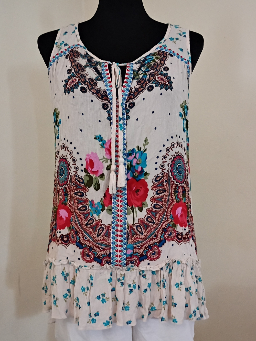 Bila White Tank Top with Pink & Blue Floral Paisley Print